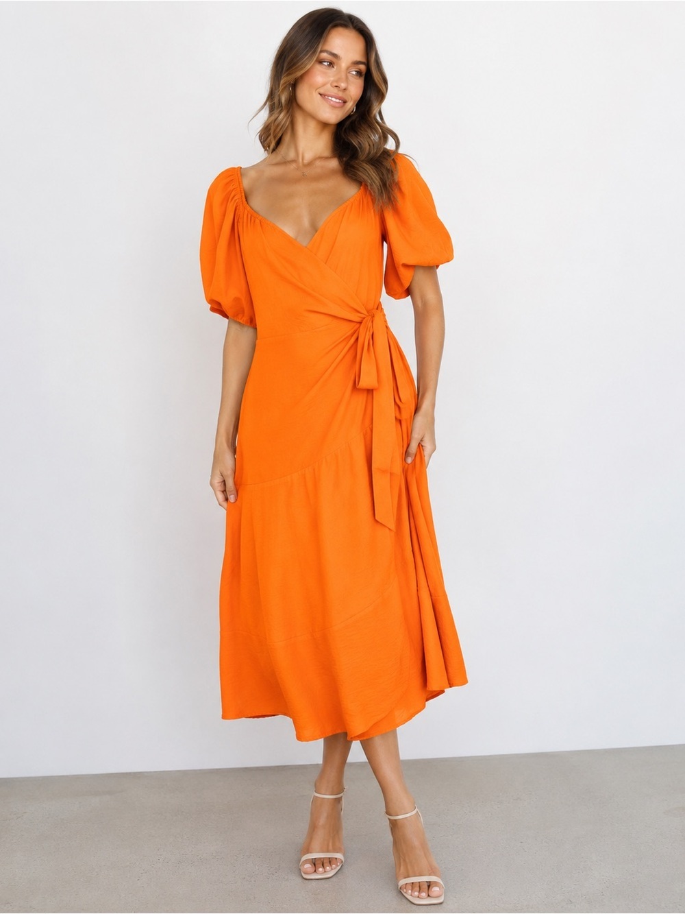 Sugarlips Orange Puff Sleeve Wrap Midi Dress NWT Size Medium